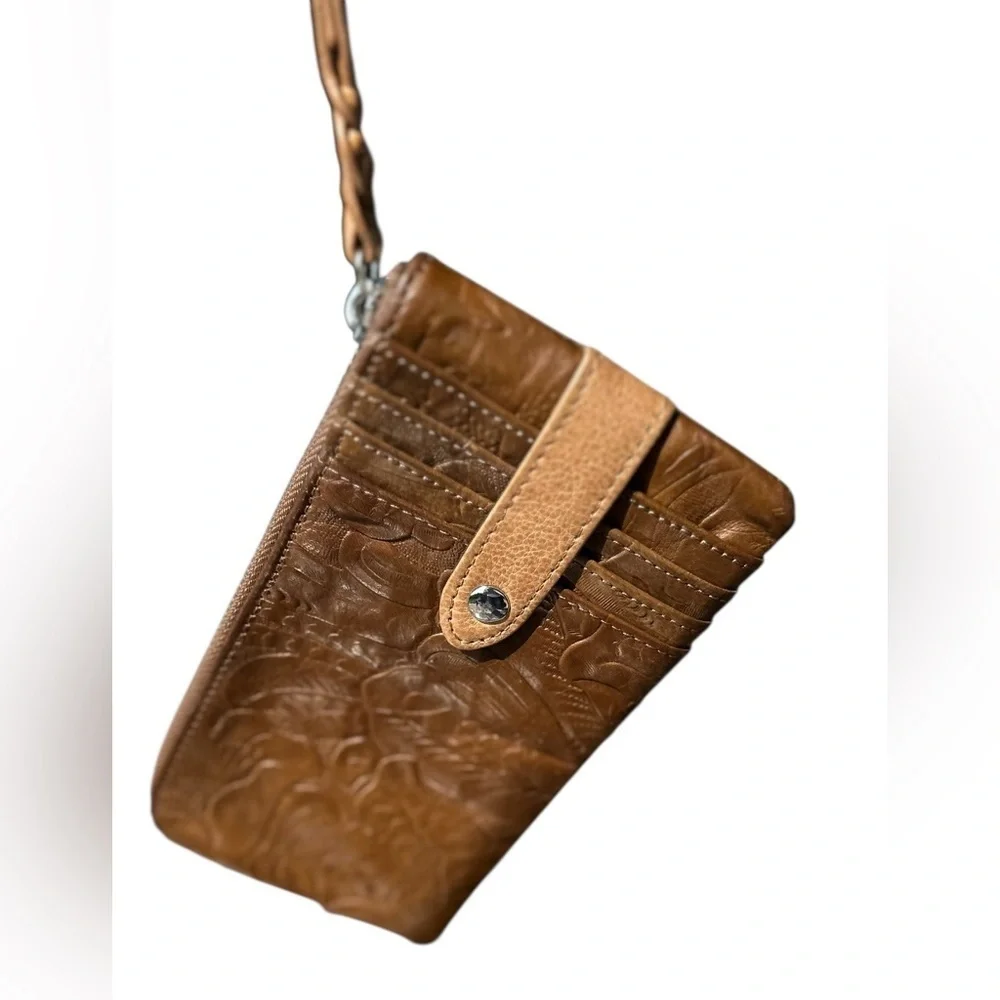 MARGOT Cognac Genuine Leather Card Case Wristlet Wallet Zipper Closure